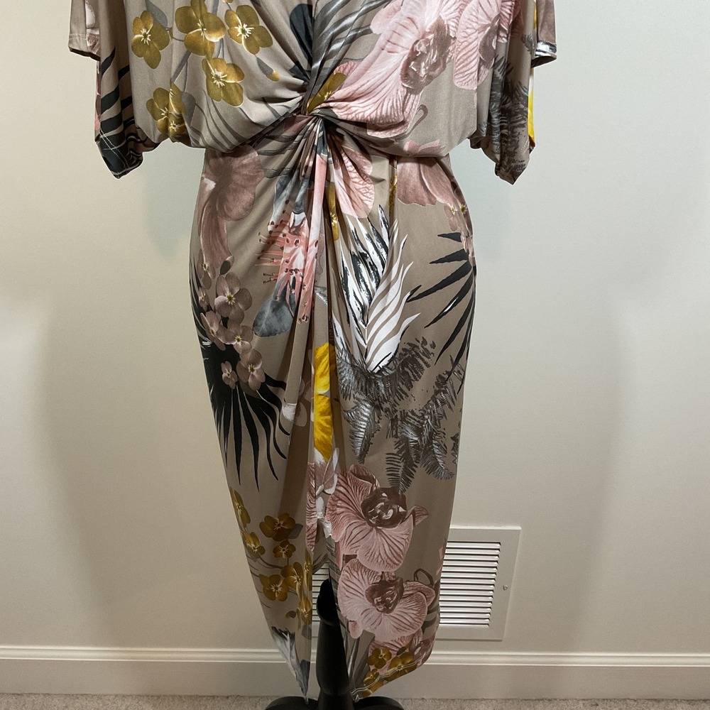 Karlie Dress Women S Taupe Tropical Twist Front Batwing Sleeve Resort Cocktail - Picture 6 of 15